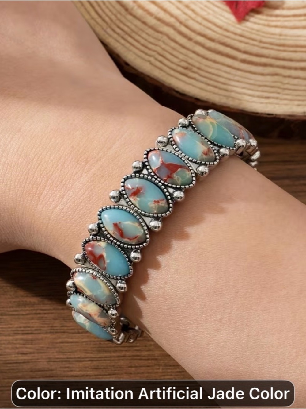 Vintage Imitation Jade Turquoise Stone Stretch Bracelet - Women's Jewelry
